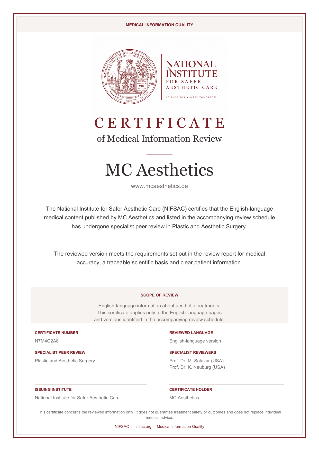 NIFSAC-Zertifikat für die englischsprachigen medizinischen Inhalte von Mc Aesthetics