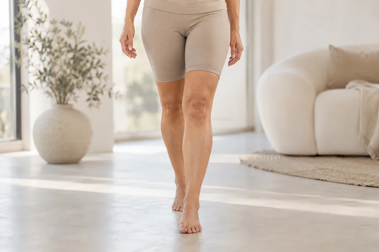 Natürliche Beinproportionen einer Frau bei einer Schrittbewegung